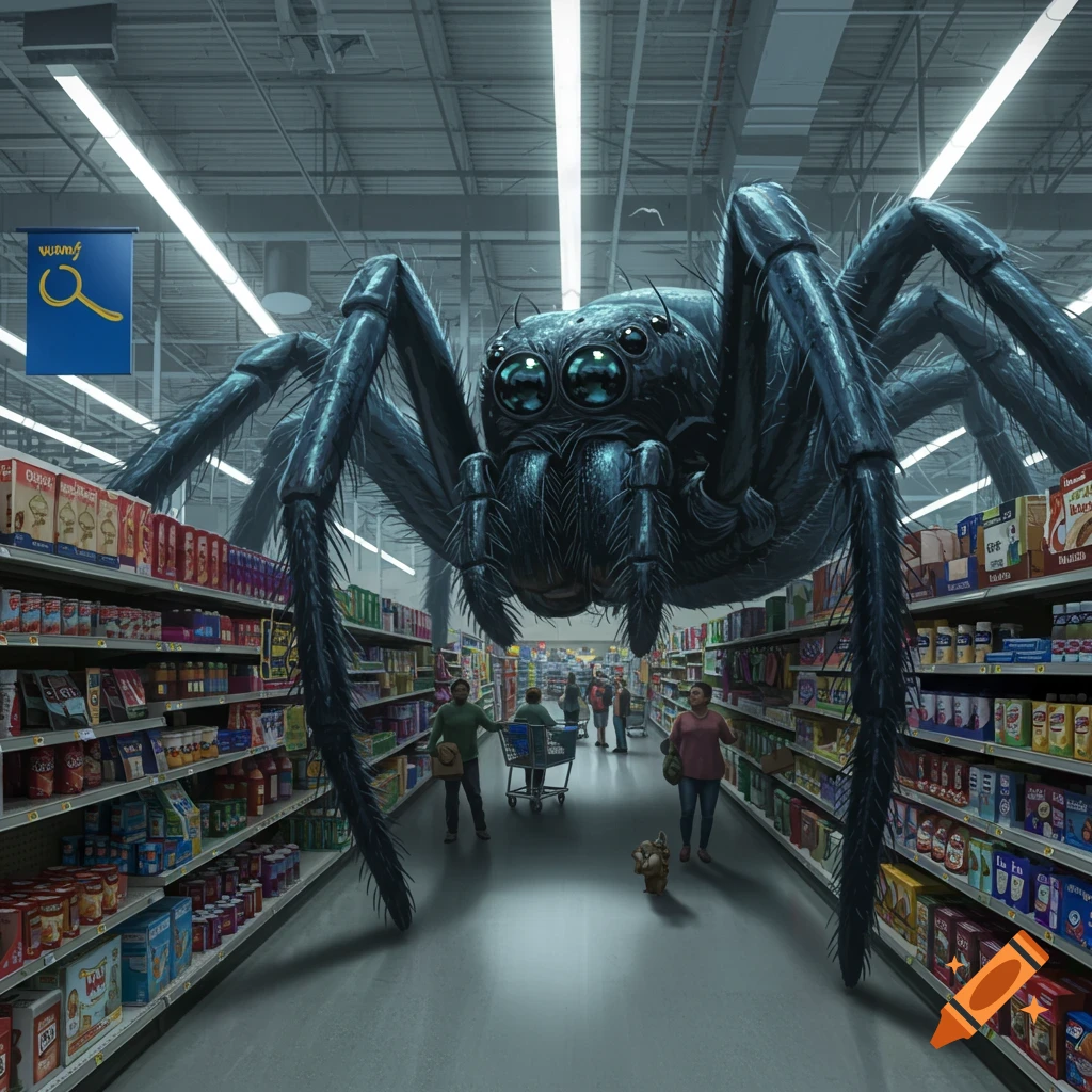 Photorealistic image of a giant black spider with large green eyes lurking in a brightly lit supermarket aisle with shoppers.