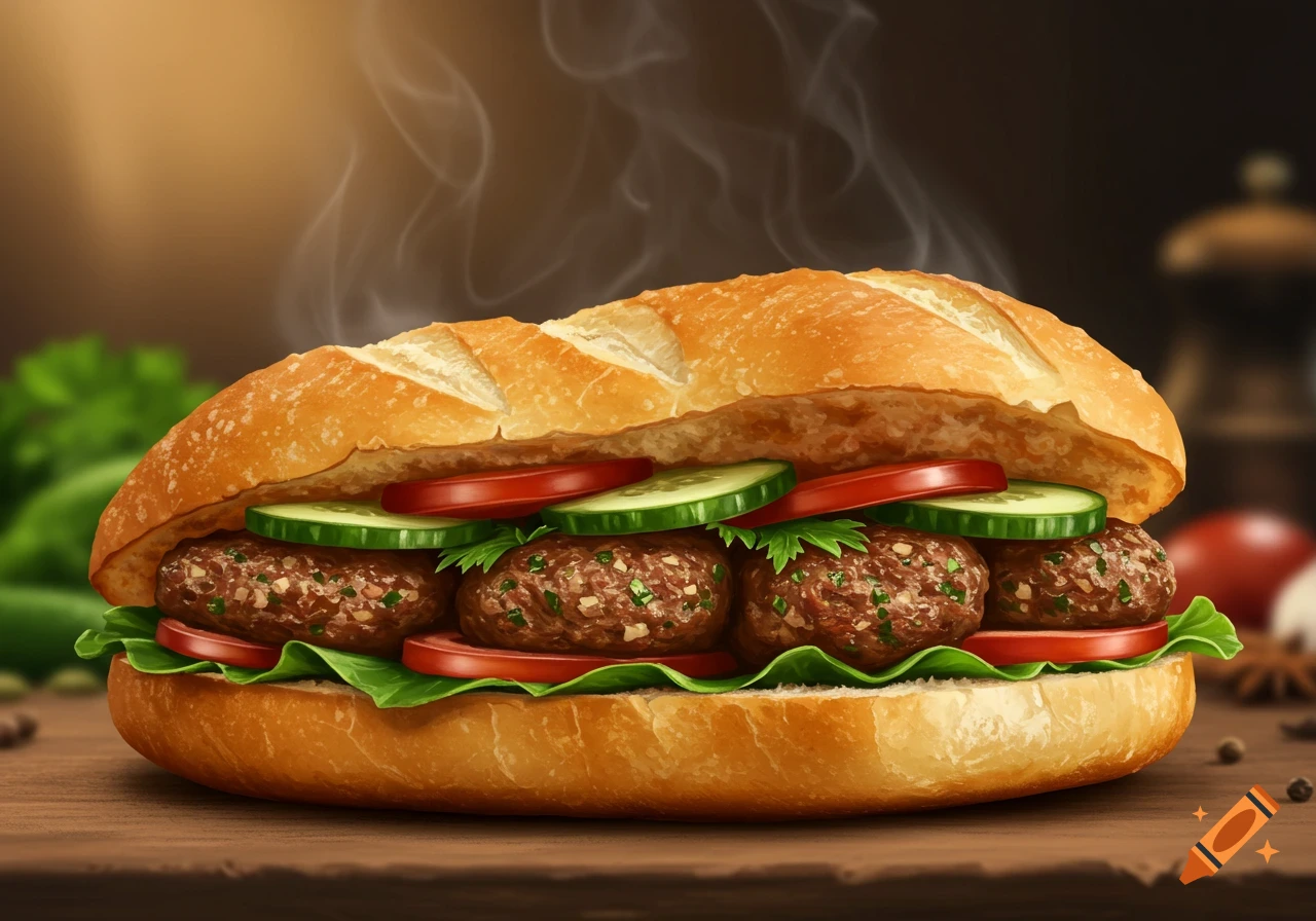 Photorealistic steaming kefta baguette sandwich filled with meatballs, lettuce, tomato, and cucumber slices.