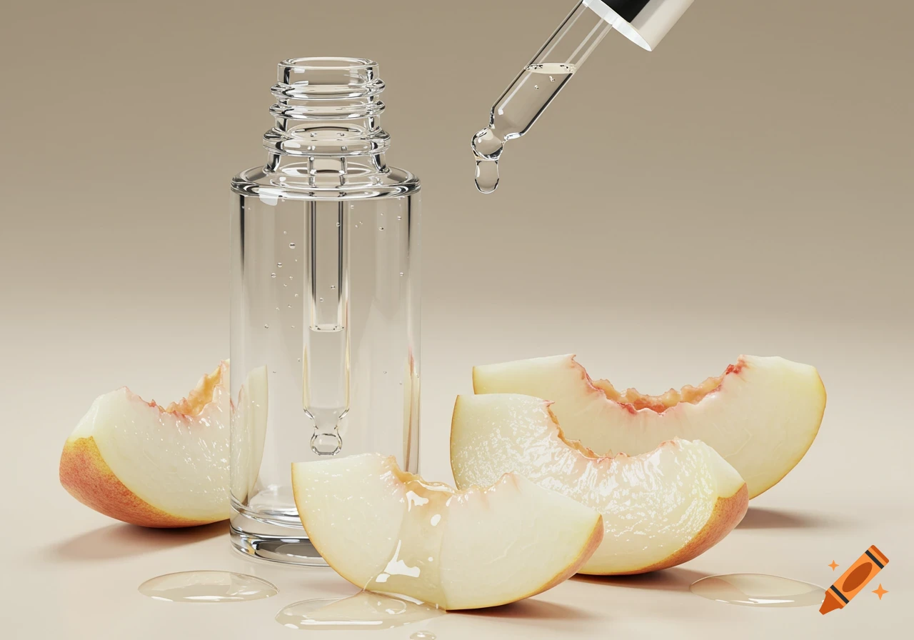Clear cosmetic serum bottle with a dropper dripping liquid onto sliced white peaches, in a high-end product photography style.