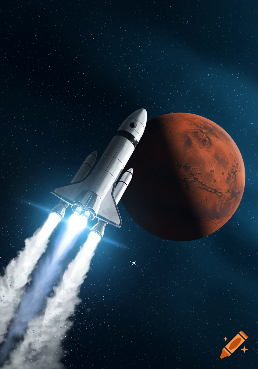 A white rocket with blue flames from its engines flies through dark, star-filled space towards the red planet Mars.