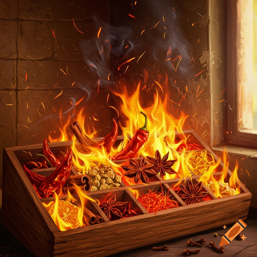 Assorted spices like red chilies, star anise, and cinnamon in a wooden tray, burning with vibrant flames and smoke in a detailed, illustrative style.