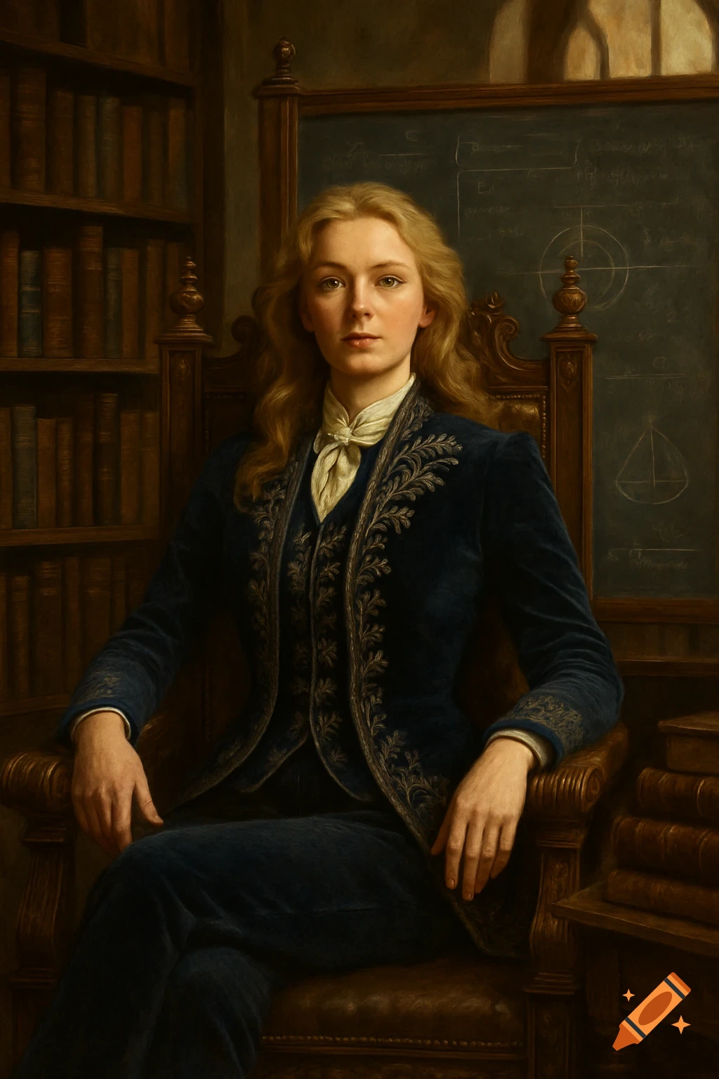 A blond woman in a blue embroidered suit sits in a grand chair in a library, with bookshelves and a blackboard behind her, in a classical painting style.