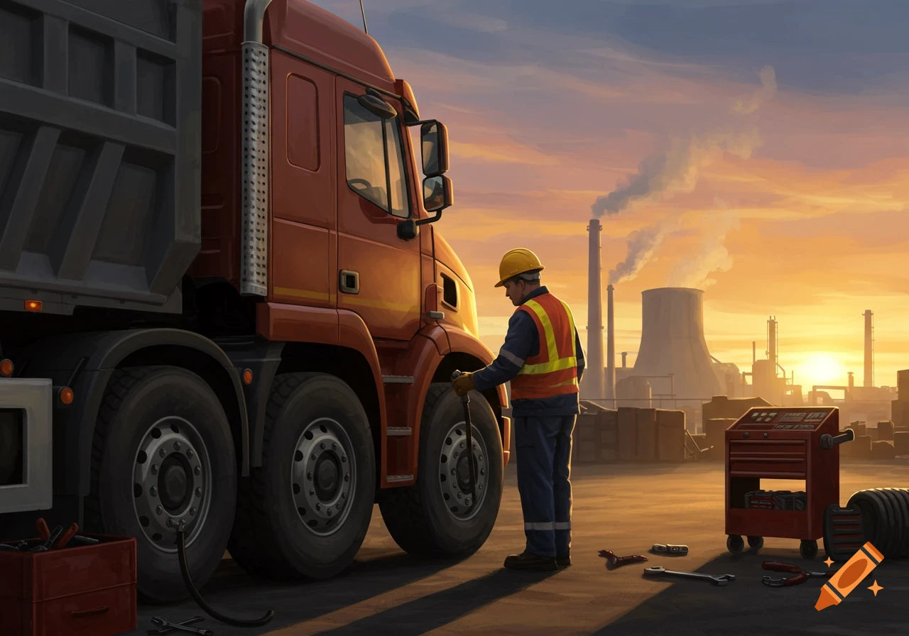 A worker in a yellow hard hat and reflective vest checks a red dump truck's tires in an industrial setting at sunset.
