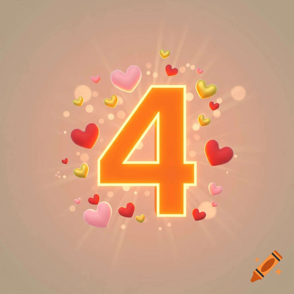 A glowing orange number 4 surrounded by floating red, pink, and gold hearts on a light background.