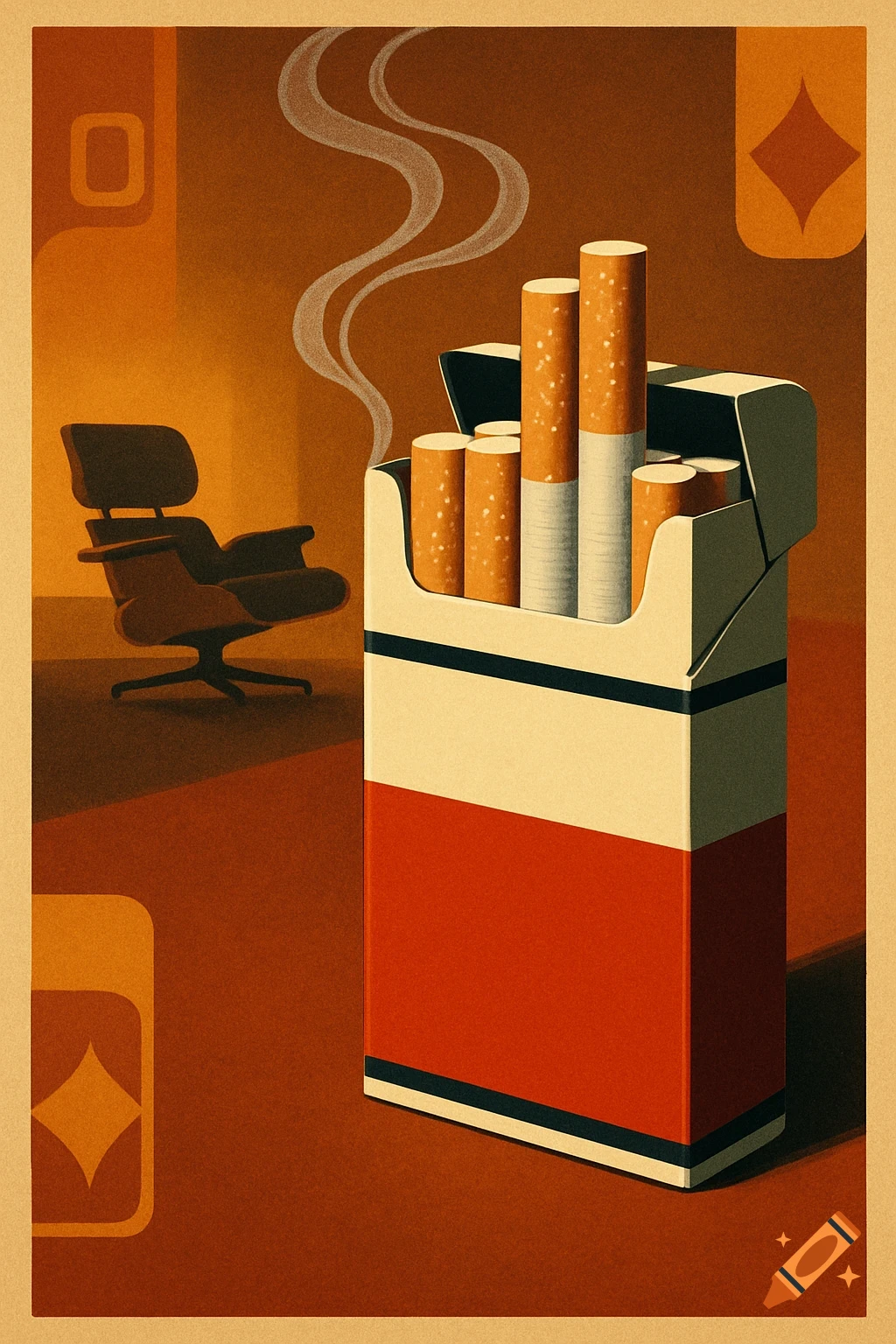 A retro-style illustration of an open pack of cigarettes with smoke rising, next to a modern armchair in an abstract room with geometric patterns.