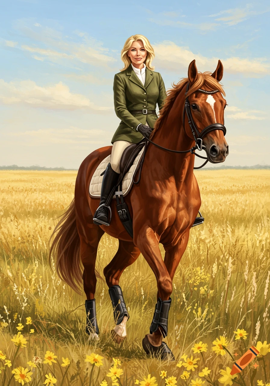 A blonde woman in equestrian attire rides a brown horse through a sunlit field with yellow wildflowers in a painterly style.