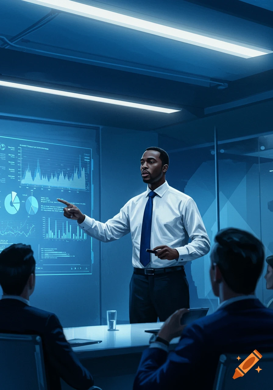 A man in a white shirt and blue tie presents data on a large screen to an audience in a blue-lit conference room.