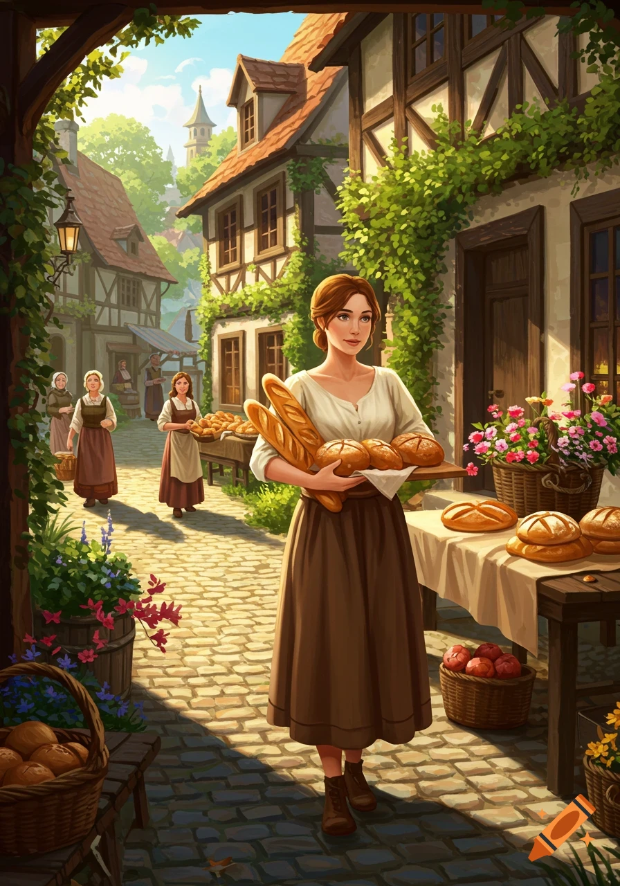 A smiling woman carries fresh bread on a tray in a sunny, picturesque village market with half-timbered houses and flowers.