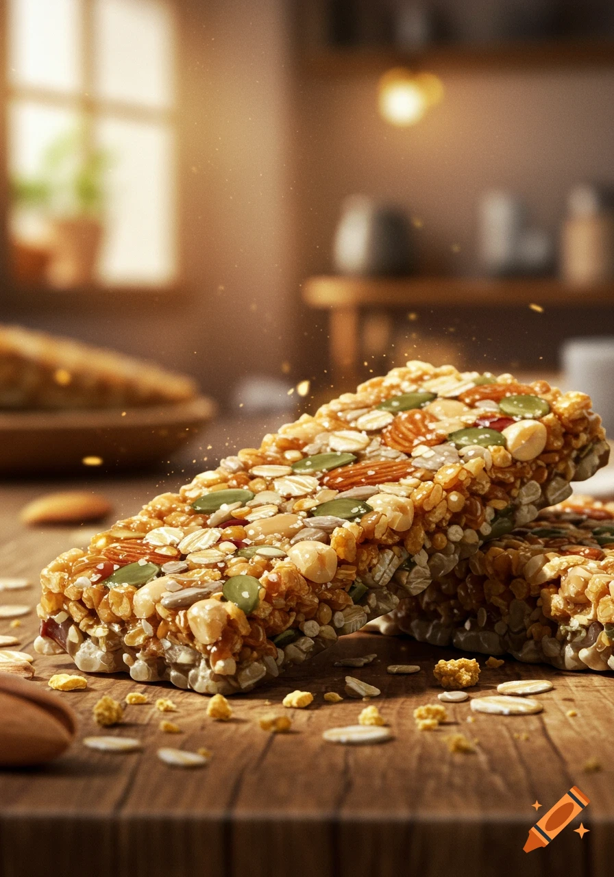 Two photorealistic golden grain bars, covered in nuts, oats, and seeds, stacked on a wooden table in a blurred kitchen.