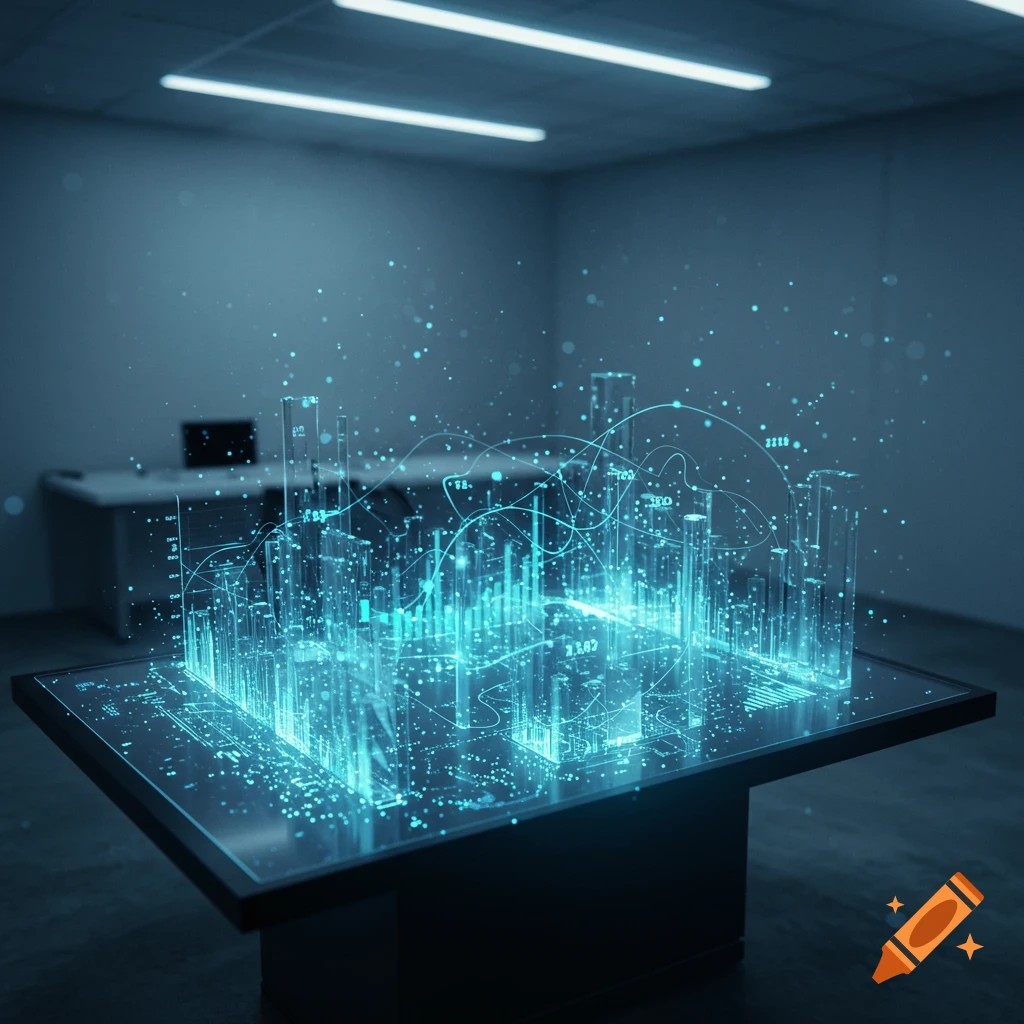 A glowing blue holographic data visualization displaying graphs and data points on a table in a modern, dimly lit room.