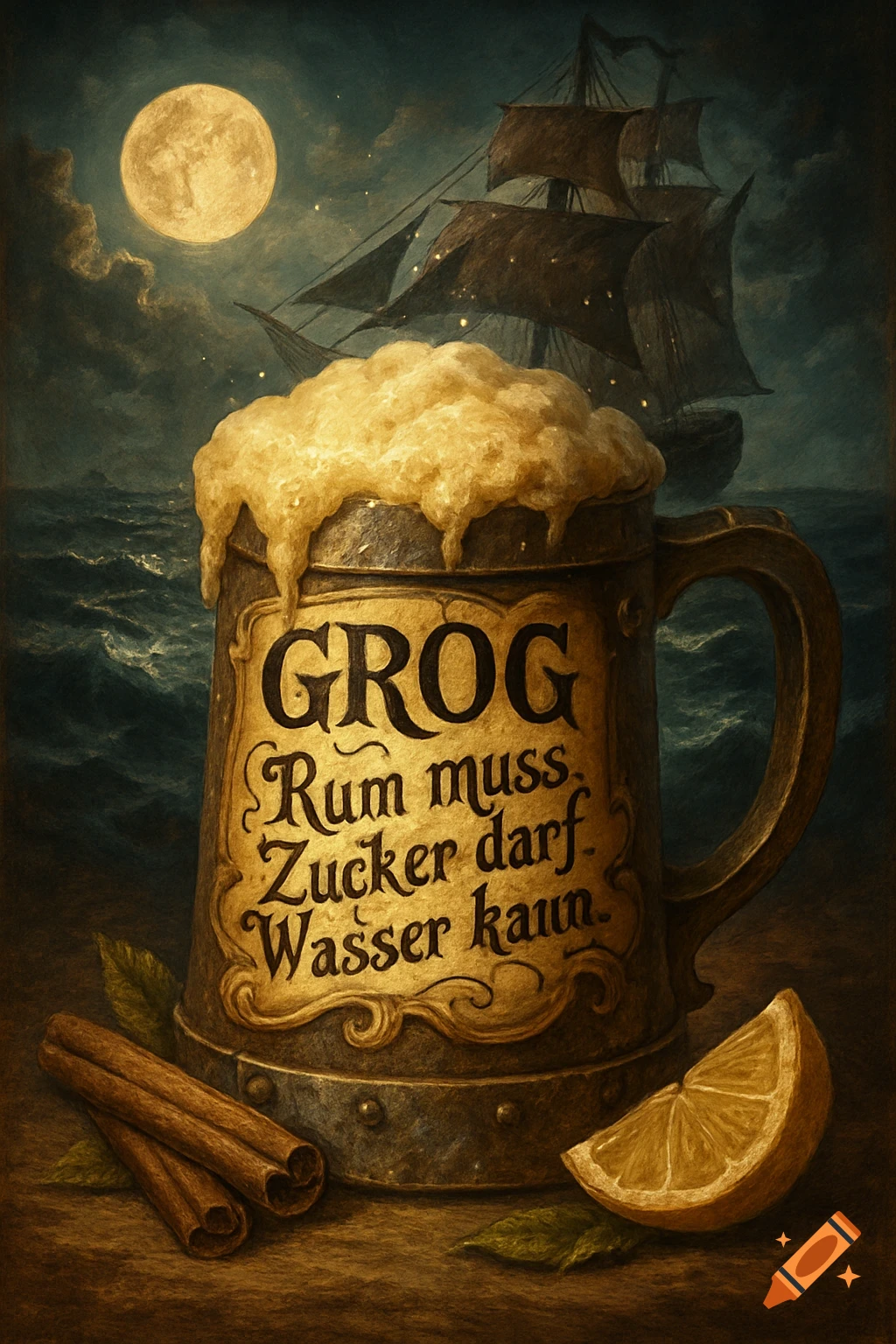 Painterly image of a frothy grog mug with German text, cinnamon, lemon, and a tall ship under a full moon at sea.