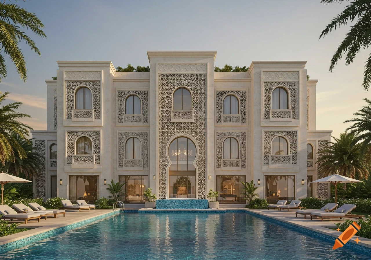 A luxurious modern Arabian-style villa with intricate patterns, a large swimming pool, and palm trees under a clear sky.