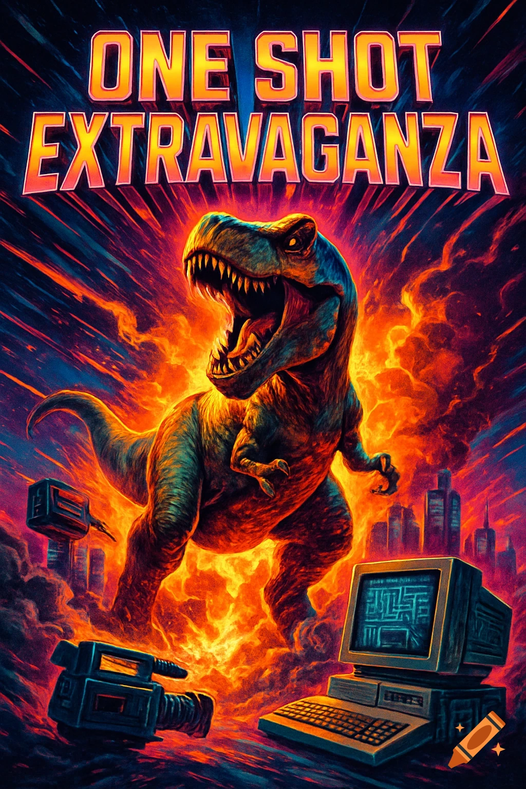 A retro 80s movie poster with a roaring T-Rex amidst explosions, an old computer, and a camcorder, with the title "ONE SHOT EXTRAVAGANZA".