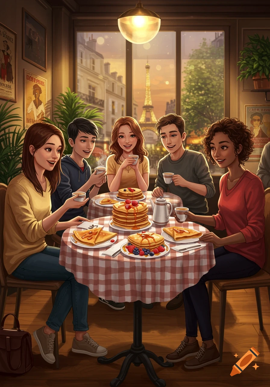 Five friends enjoy pancakes and crepes at a cafe table with a view of the Eiffel Tower, in an inviting cartoon style.