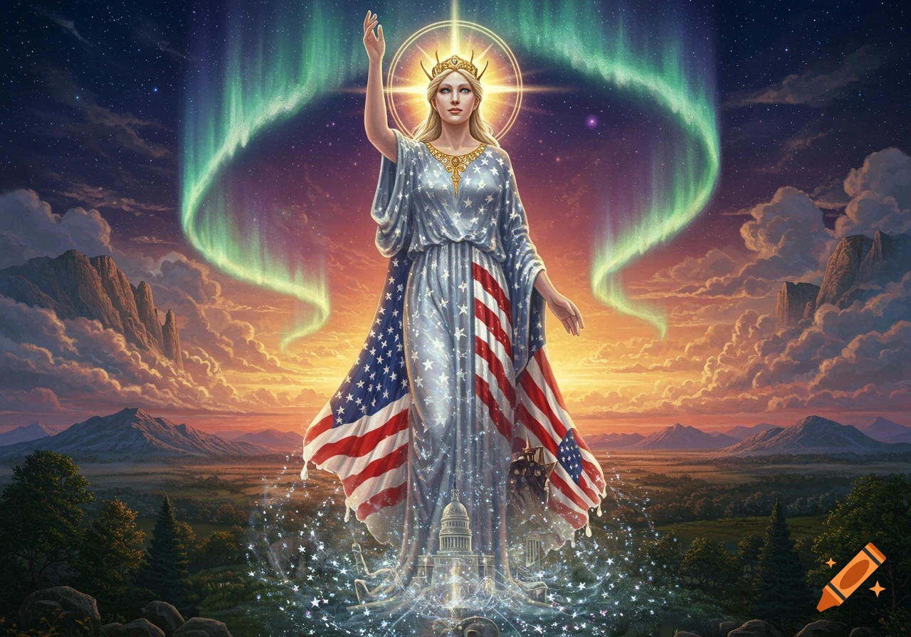 A majestic goddess in an American flag dress, radiating light under an aurora, above a surreal landscape with the US Capitol.