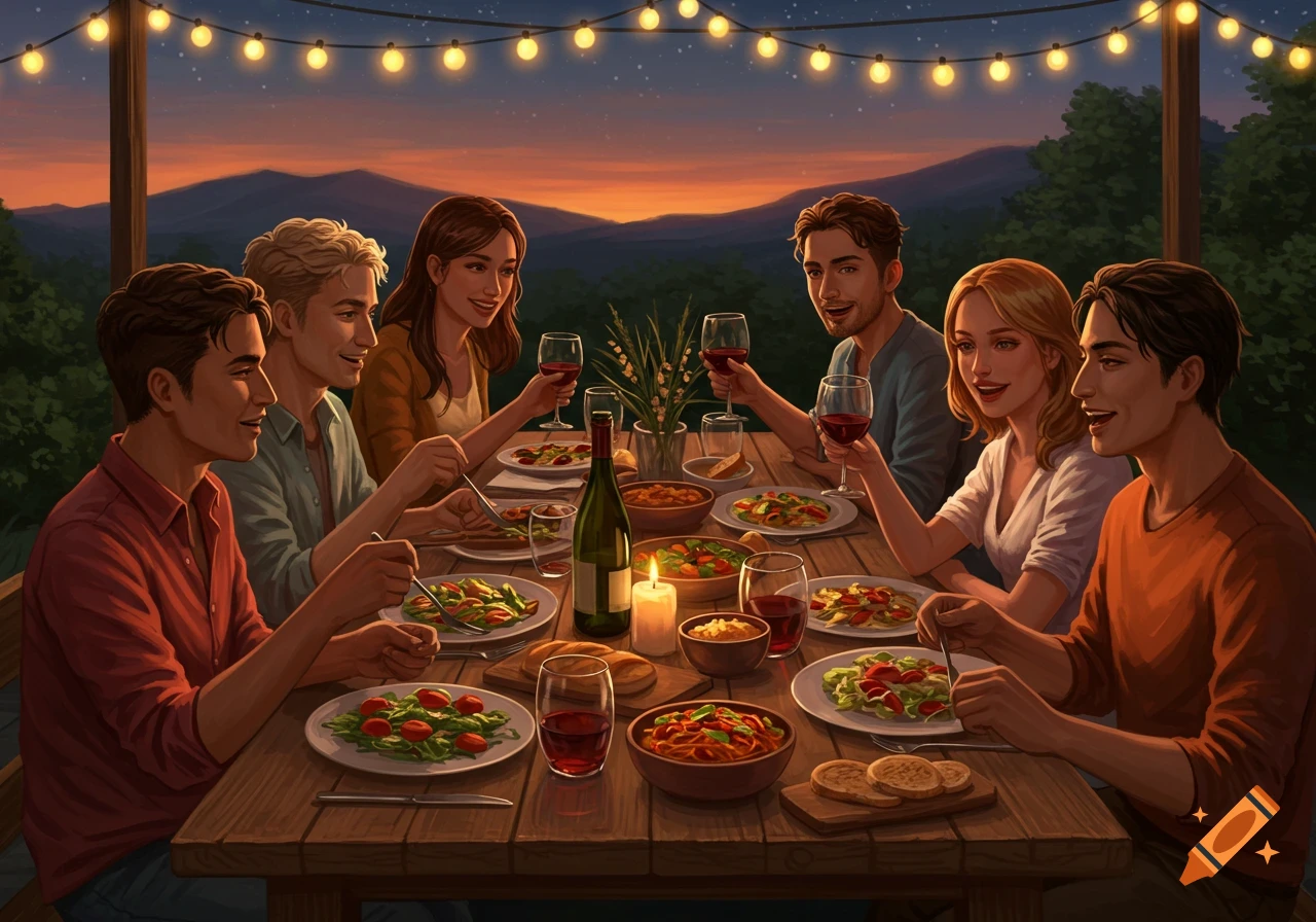 Six friends enjoy an outdoor dinner party at sunset, with string lights overhead and mountains in the background, in an illustrated style.