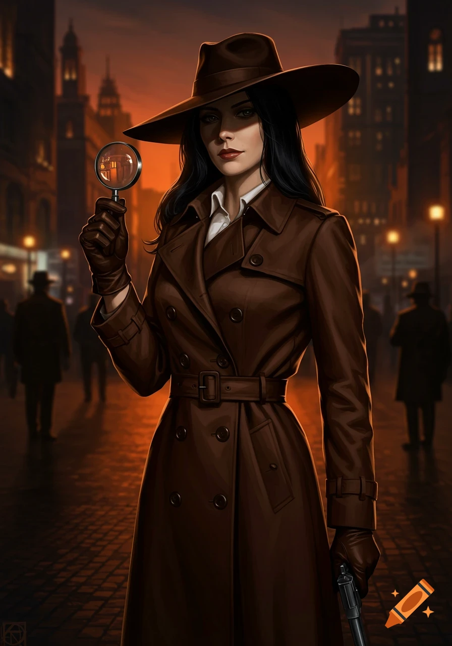 A mysterious female spy in a brown trench coat and wide-brimmed hat, holding a magnifying glass and pistol on a dark city street, digital illustration.