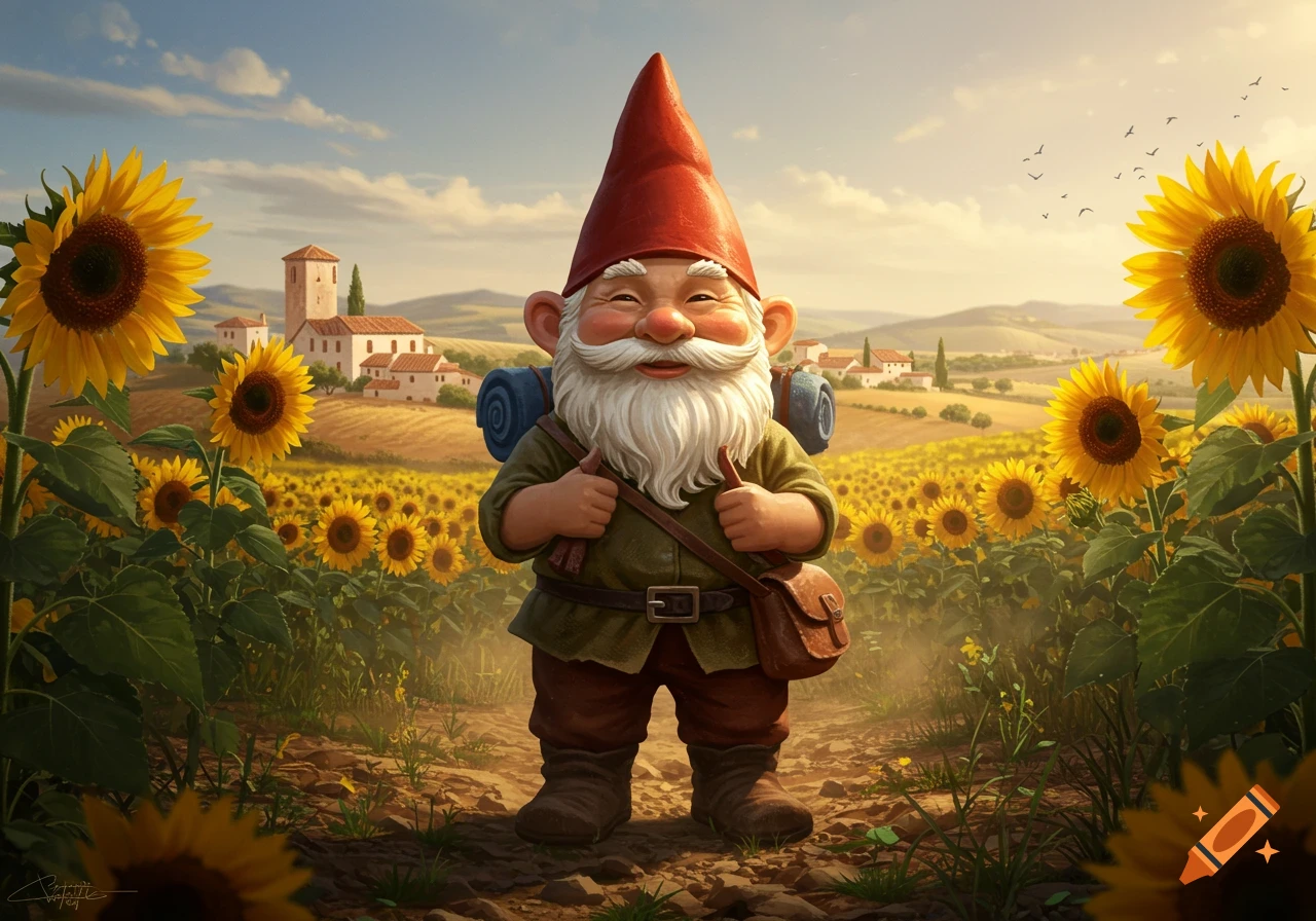 A cheerful garden gnome gives a thumbs-up on a dirt path through a vast sunflower field, with a village and rolling hills under a sunny sky.