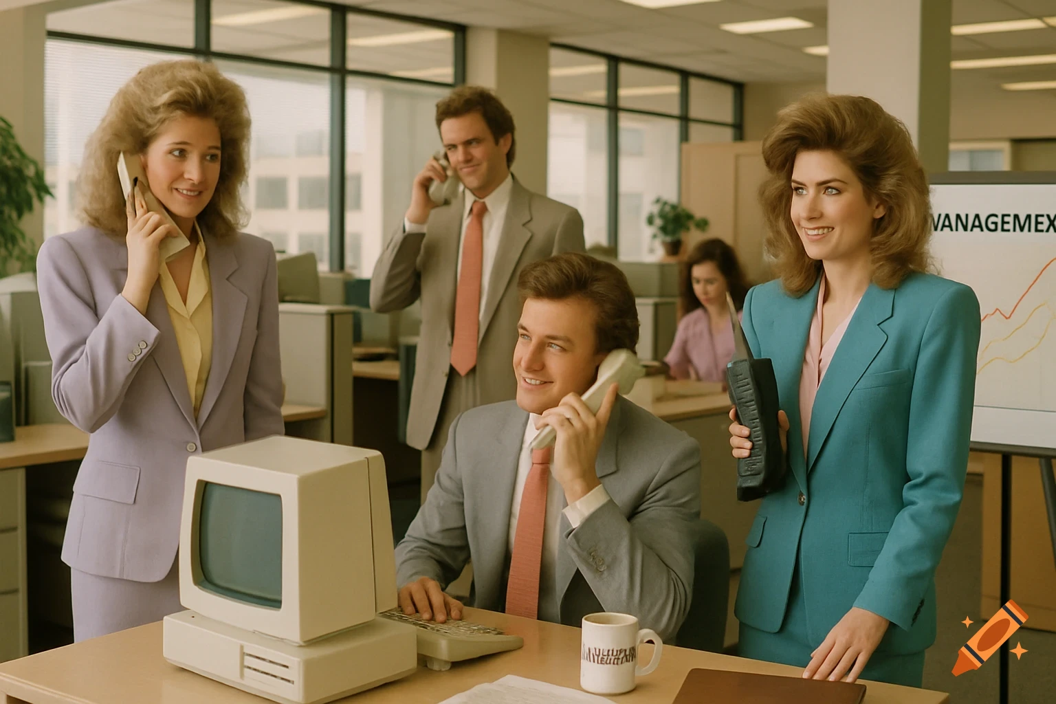 A busy 1980s office scene with four businesspeople in pastel suits using vintage computers and phones.