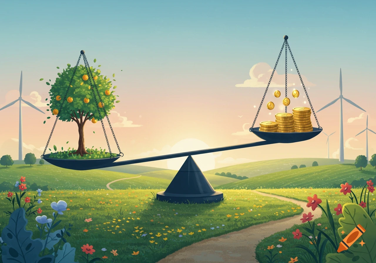 Illustrated balance scale with a tree on one side and gold coins on the other, set in a sunny green field with windmills.