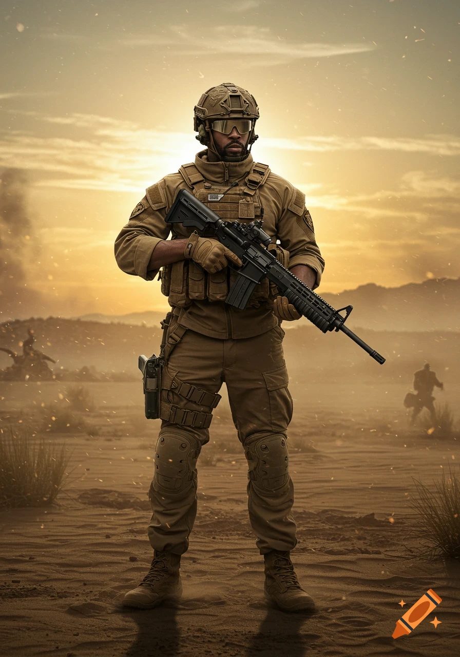 Photorealistic soldier in desert camouflage holding a rifle in a dusty desert landscape at sunset.