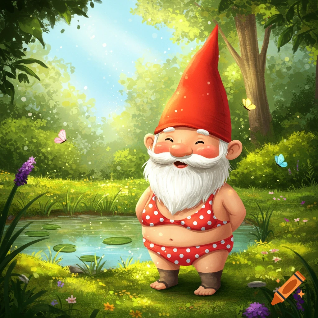 A happy cartoon garden gnome in a red and white polka dot bikini stands by a pond in a lush, sunny forest with butterflies.