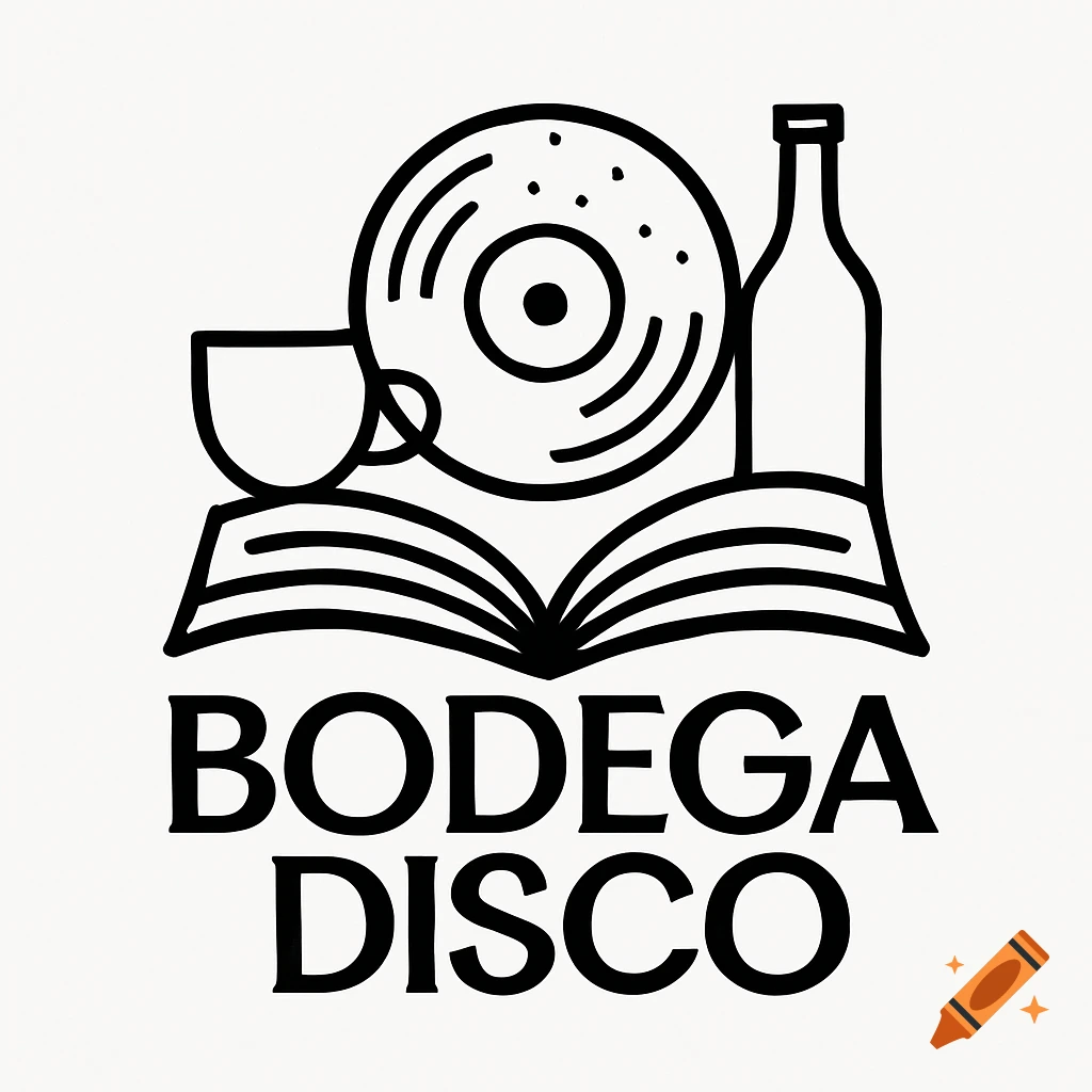 Black and white minimalist vector logo for Bodega Disco featuring an open book, coffee cup, vinyl record, and bottle.