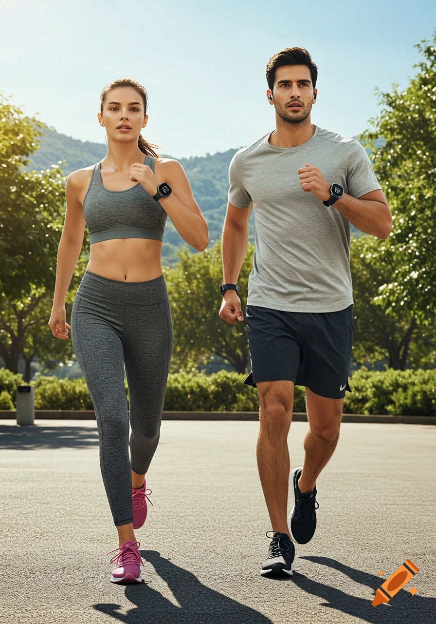 A male and female athlete run outdoors on a sunny day, wearing athletic wear and smartwatches.