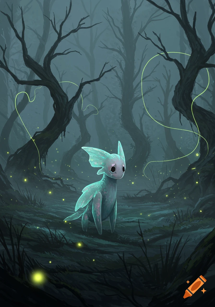 A sad, light blue fantasy creature with large fins stands in a dark ...