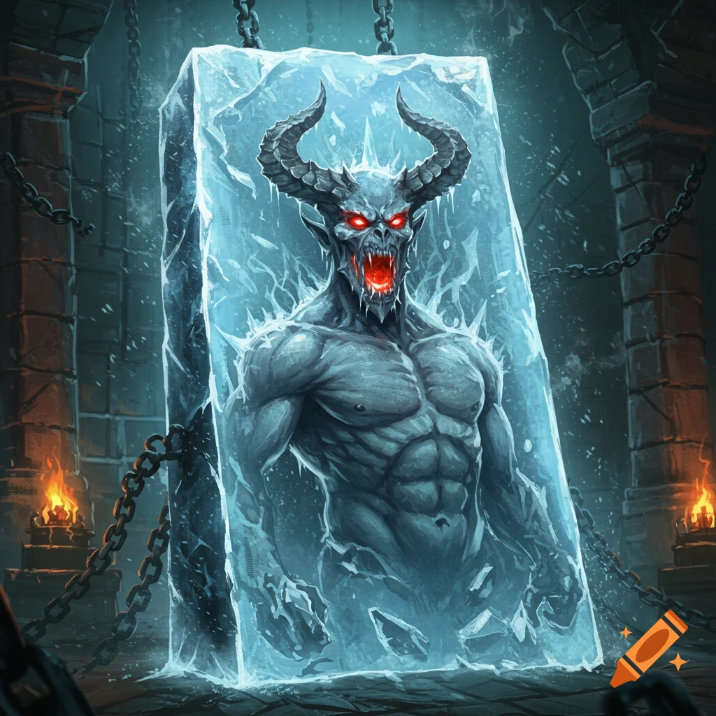 A grey-skinned demon with horns and glowing red eyes is frozen within a large block of ice, chained in a dark, stony dungeon.
