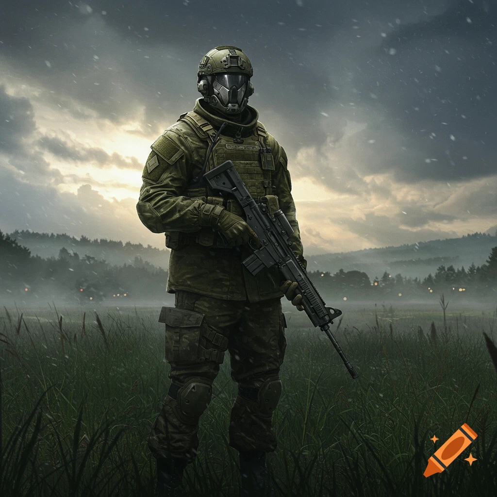 A futuristic soldier in green camouflage and a combat helmet stands in a grassy field holding a rifle, with snow falling under a cloudy sky.