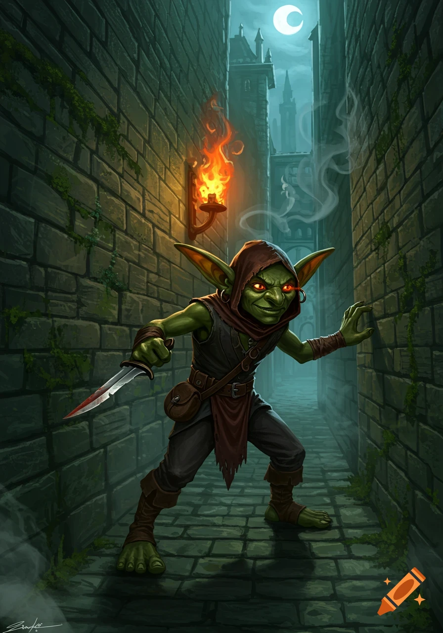 A green-skinned goblin rogue with glowing red eyes and a bloodied knife in a dark, moonlit alley, illuminated by a torch.