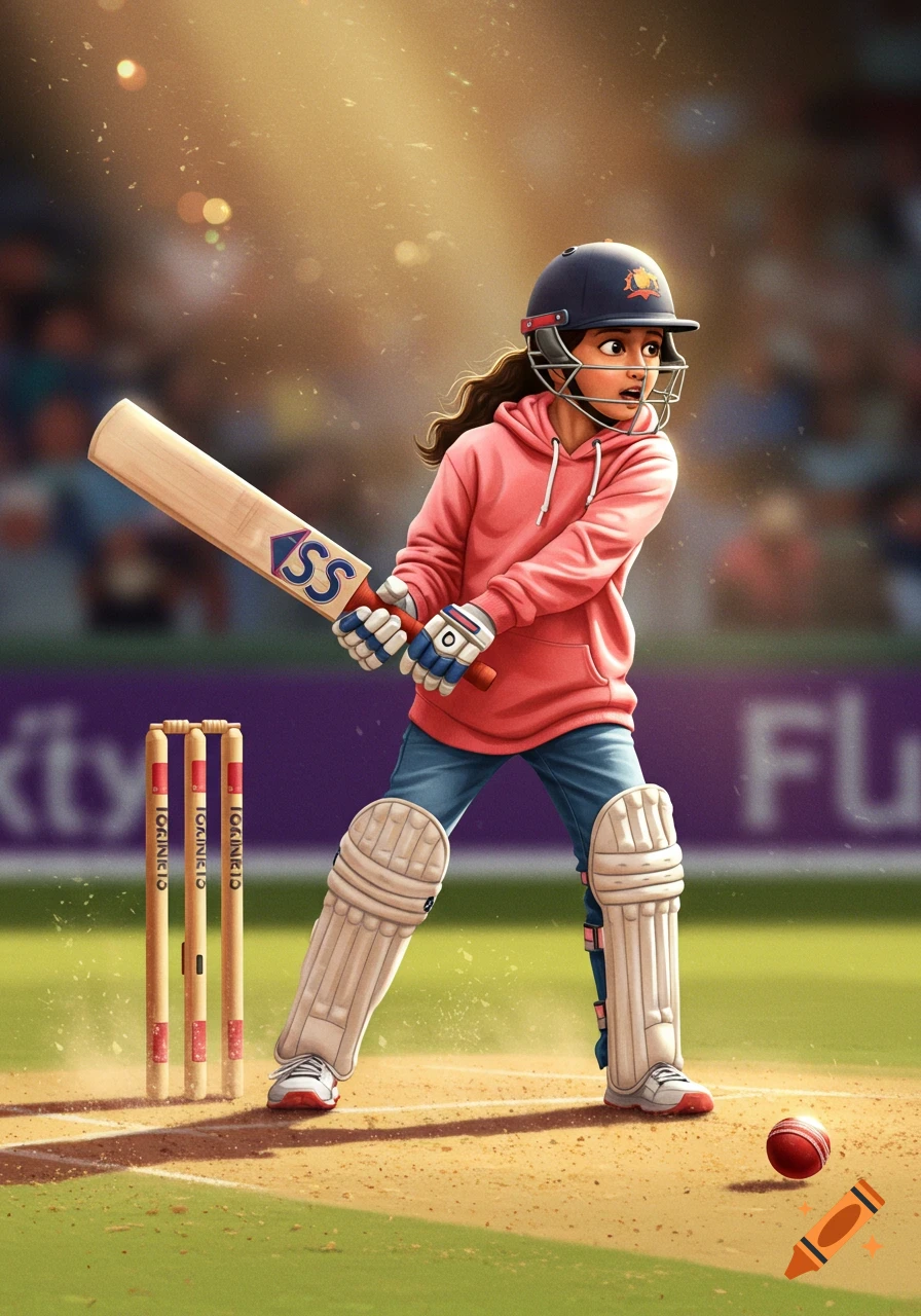 A young girl in a pink hoodie, jeans, helmet, and cricket pads holds a bat while playing cricket on a field.