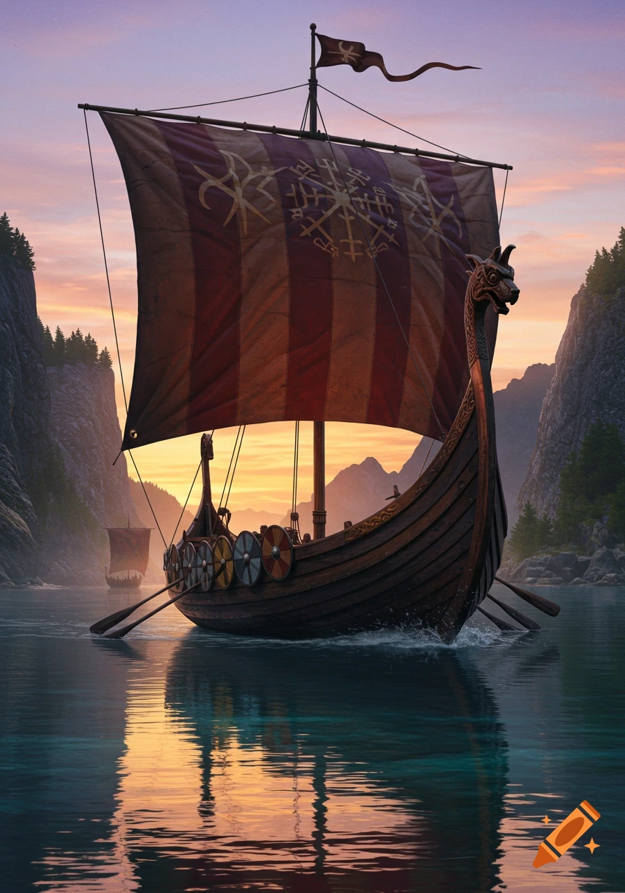 A majestic Viking longship with a striped, symbolic sail glides through a calm fjord at sunset, mountains in background.
