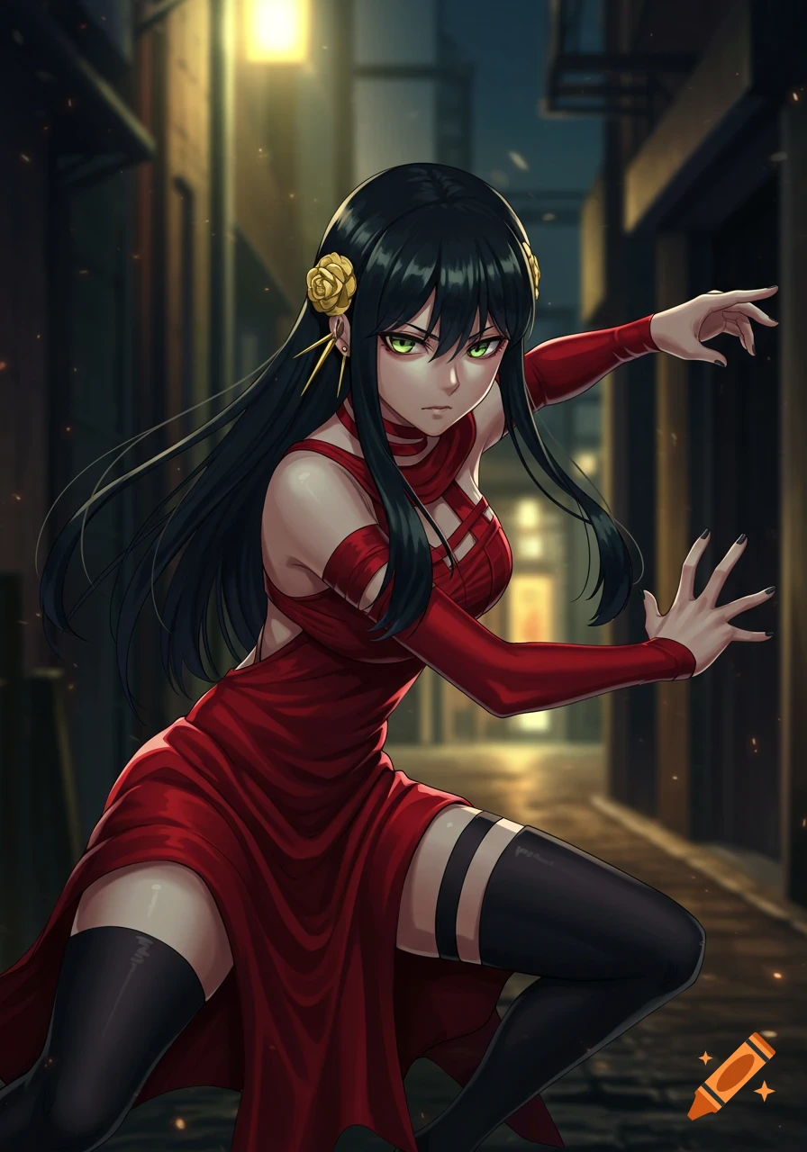 Yor Forger with dark hair and green eyes, wearing a flowing red dress and black thigh-high stockings, crouches in a dark alleyway, hands raised in a dynamic pose.