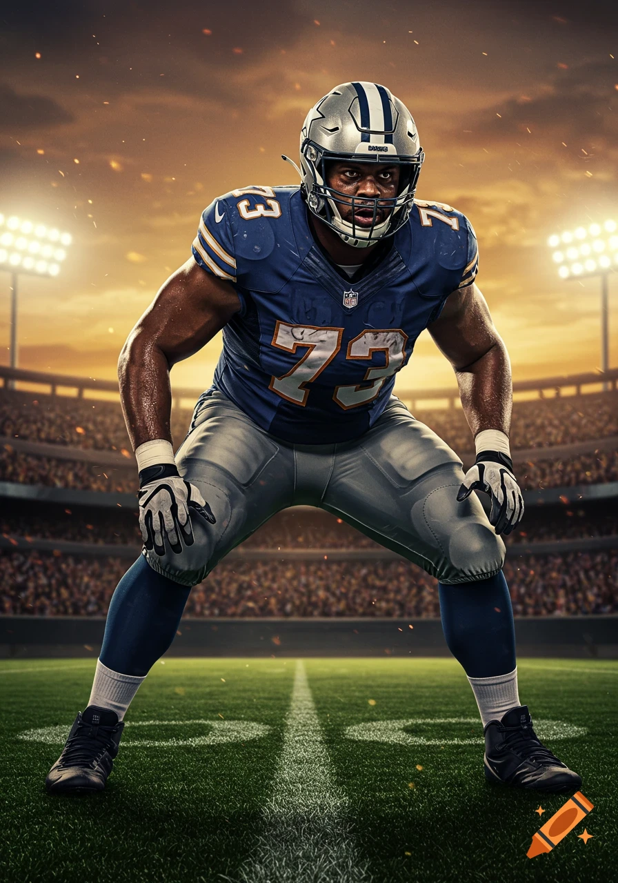 Photorealistic American football player in a blue jersey, number 73, crouched on a stadium field under dramatic lights.