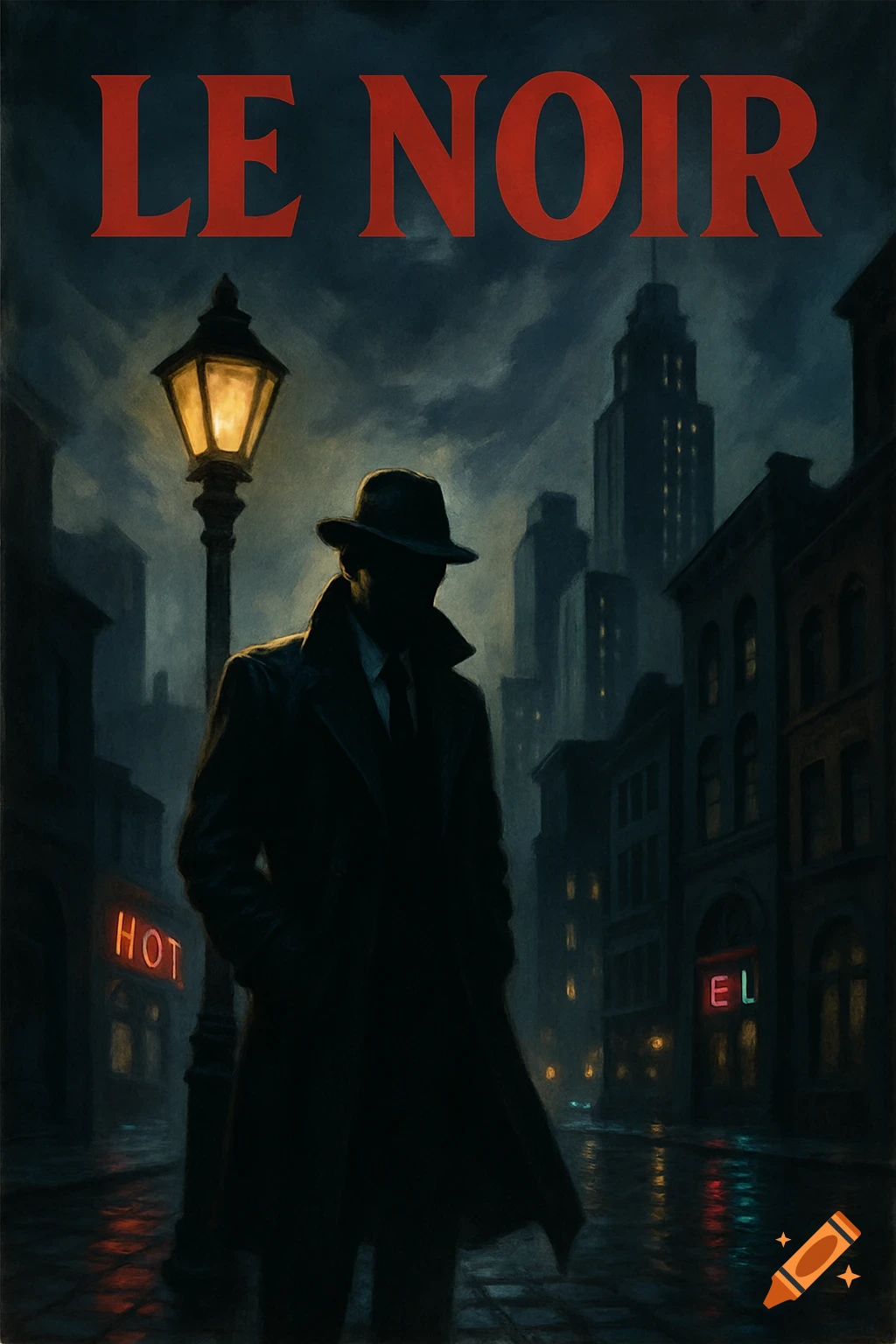 A stylized film noir painting of a silhouetted man in a trench coat and fedora standing on a wet, dark city street under a glowing lamppost, with buildings in the background and red text 'LE NOIR' at the top.