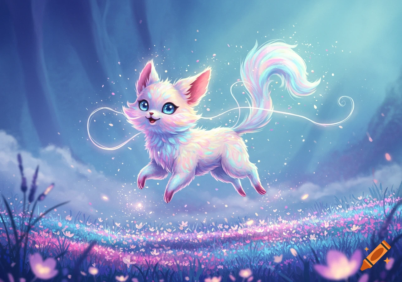 A cute, fluffy, pastel-colored creature with big blue eyes floats over a magical field of glowing flowers under a blue sky.