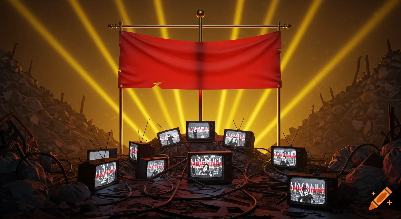 Red banner on a pole above old TVs broadcasting static propaganda amidst garbage piles, illuminated by yellow beams in a stylized dystopian scene.