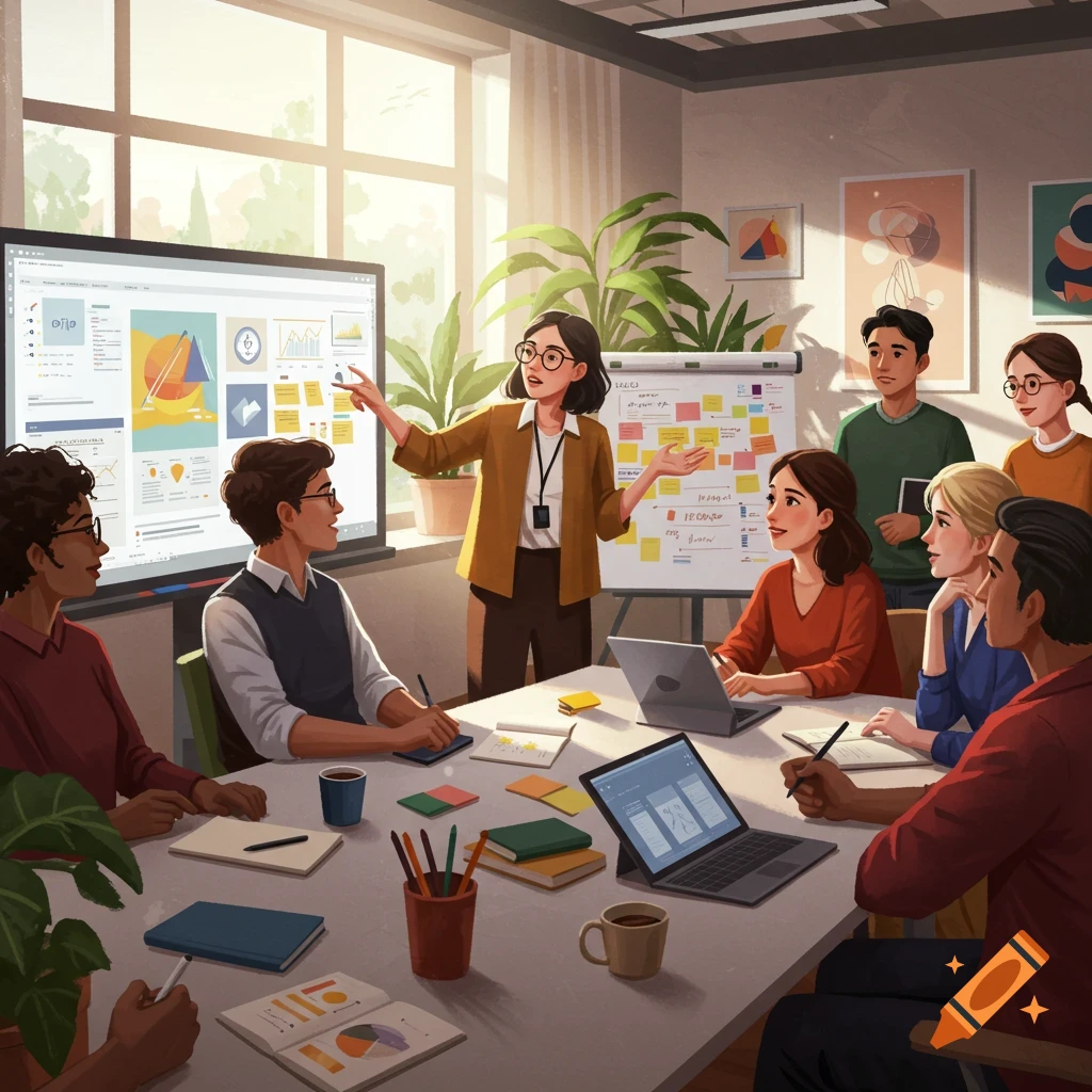 An illustrative image of a diverse group of people in a bright meeting room, with one woman presenting to others gathered around a table and large screen.