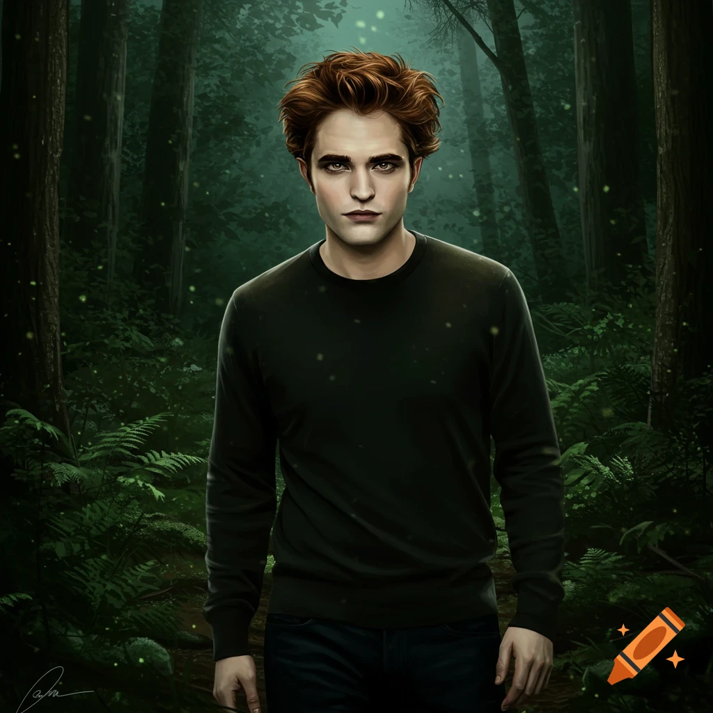 A portrait of a pale man with messy reddish-brown hair and dark eyes, wearing a dark sweater, standing in a dim forest with glowing specks.