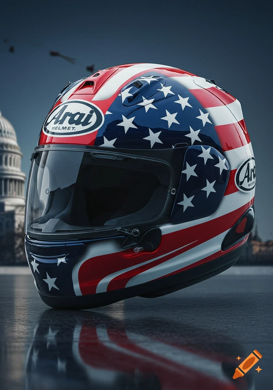 Photorealistic close-up of an Arai motorcycle helmet with an American flag design, reflecting on a surface, with a blurred Capitol building in the background.