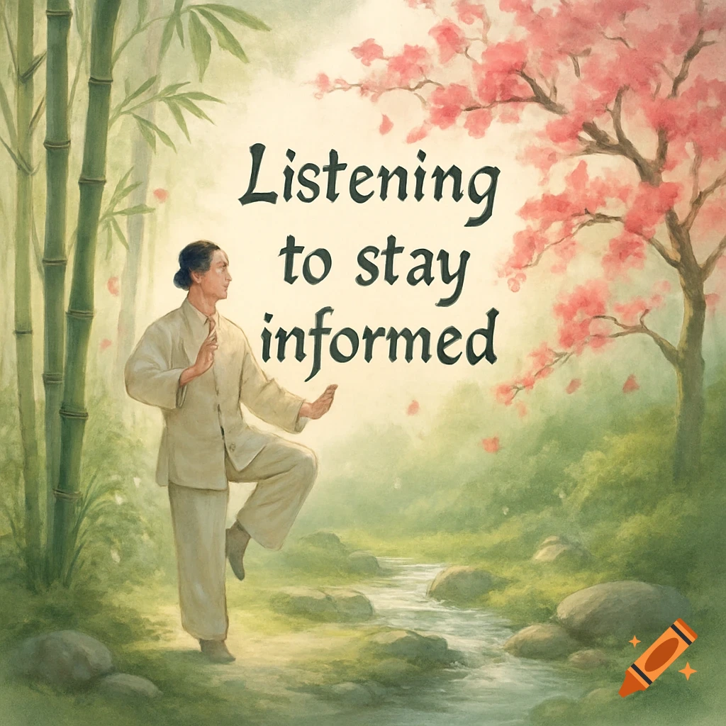 Watercolor illustration: A person practices Tai Chi in a lush garden with bamboo and a cherry tree. Text: "Listening to stay informed".