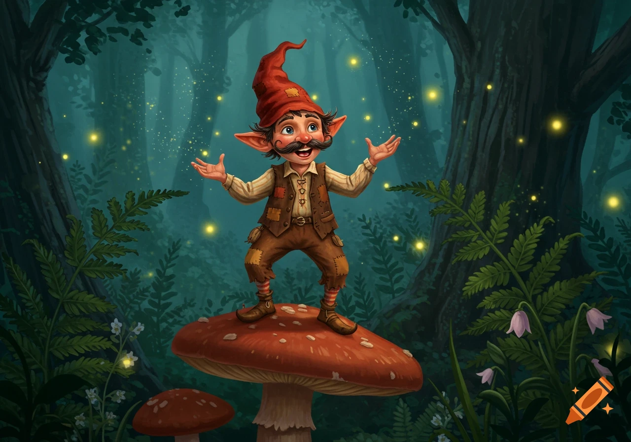 A whimsical, mustachioed gnome in a red hat stands with arms spread on a large red mushroom in a magical forest with glowing fireflies.