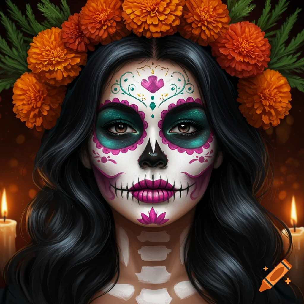 Close-up portrait of a woman with intricate sugar skull makeup, a crown of orange marigolds, and glowing candles in the background.