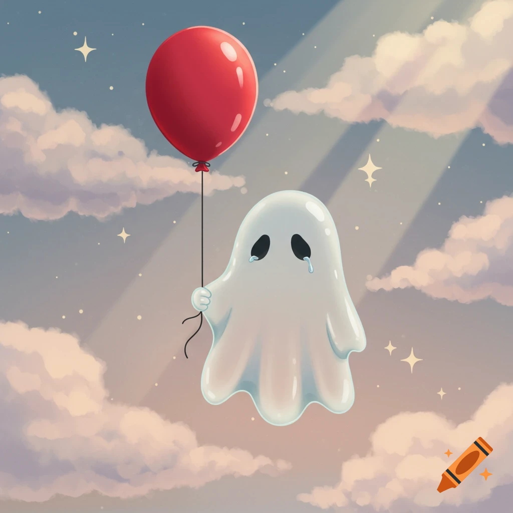 A sad, translucent white cartoon ghost with black eyes and tears floats in a pastel cloudy sky, holding a red balloon.