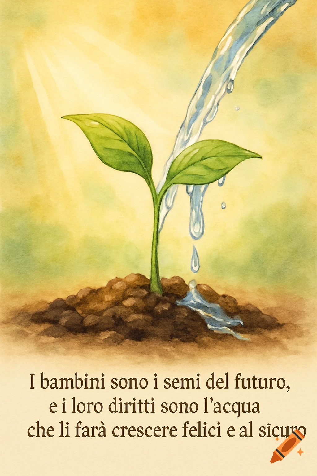 Watercolor illustration of a seedling in soil, watered from above, with an inspirational Italian quote below.