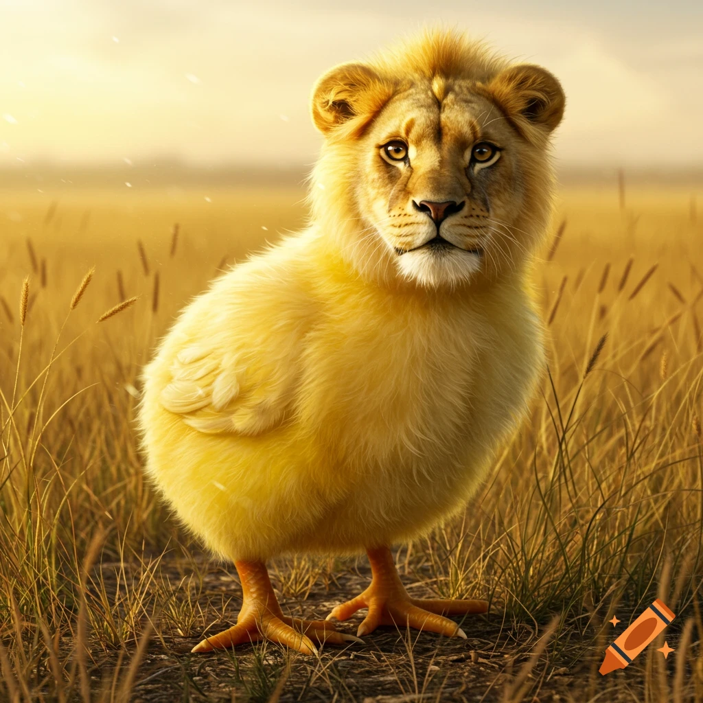 Photorealistic golden chick with a lion's head standing in a sunny, grassy field.