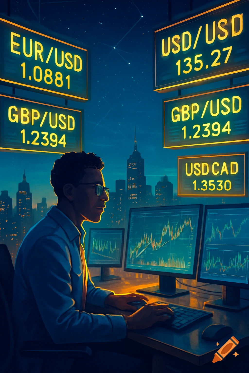 An illustration of a trader in glasses, in profile, looking at multiple computer screens displaying financial charts, with illuminated forex trading boards overhead and a city skyline at night in the background.