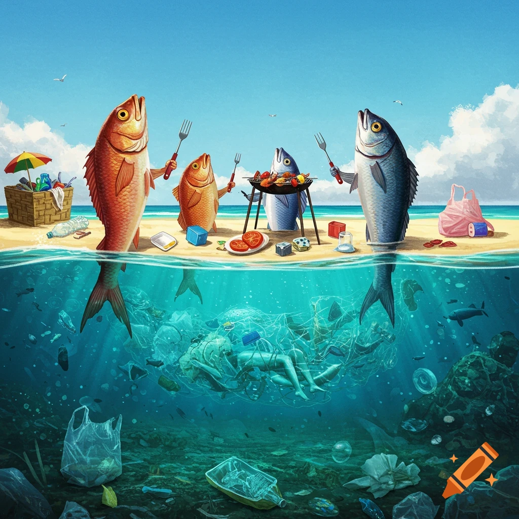 Illustrated scene of fish barbecuing on a trash-strewn beach above an ocean filled with plastic and entangled human figures.